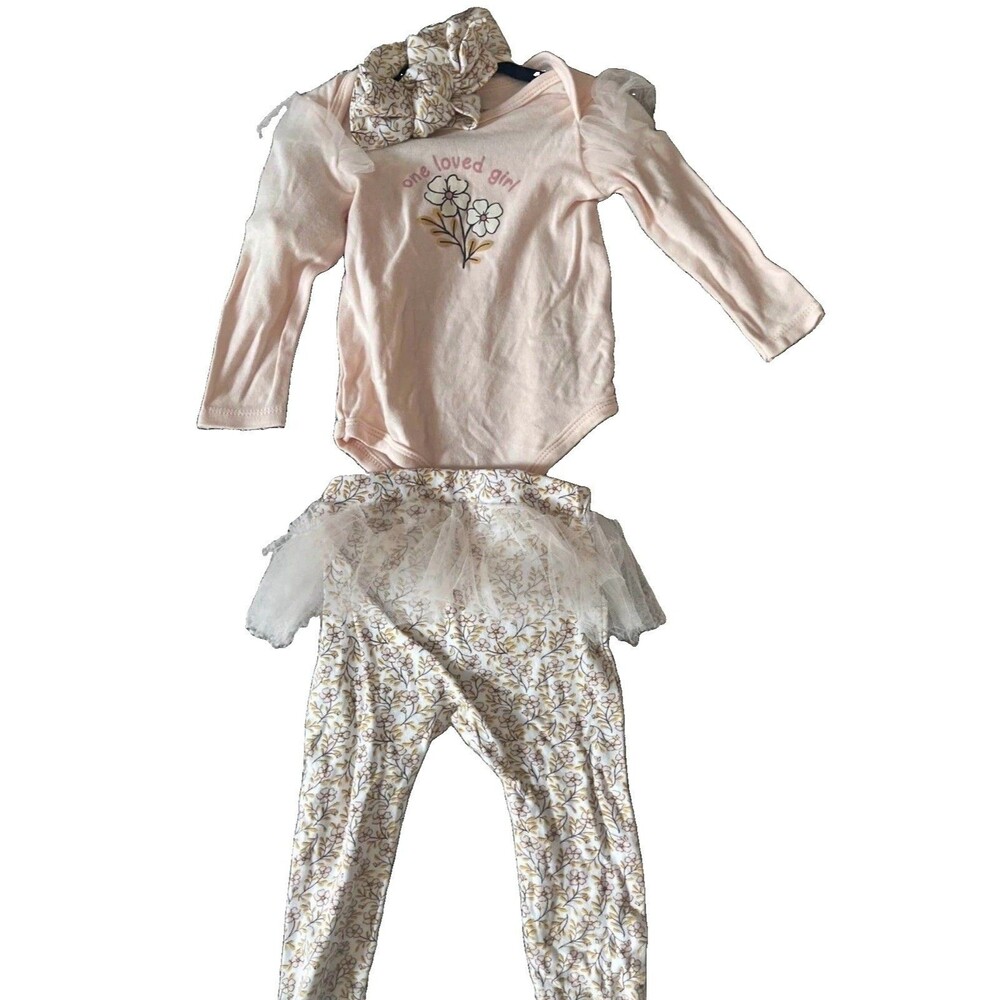 Girls 3pc Pants Set 6-9M Pink Floral Long Sleeve Bodysuit Pants Tulle Headband